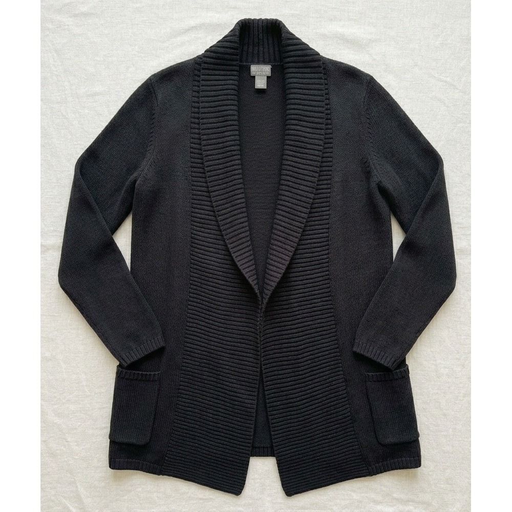 Chico's Additions Cardigan Sweater Women 1 Medium Black Shawl Collar Cotton Knit